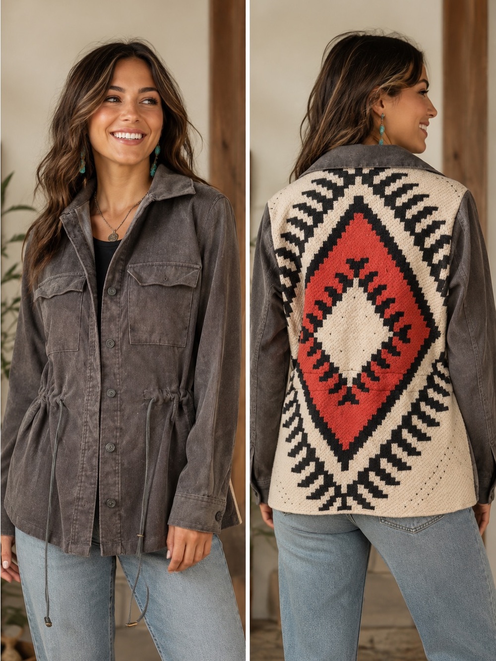 DAVI & DANI Charcoal Utility Jacket with Red Cream Geo Back (080890) 🤠 🌵
